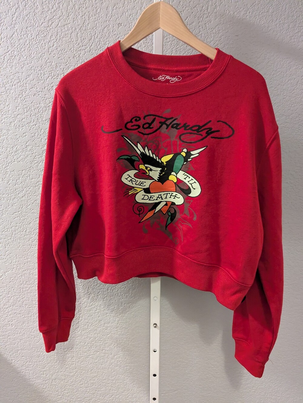 Ed Hardy Red True Til Death Eagle Graphic Cropped Sweatshirt L